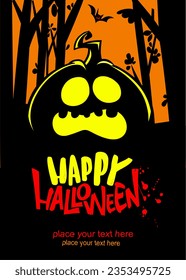 Halloween pumpkin head with scary face expression. Vector illustration of jack-o-lantern design with carved emotion isolated on the night background with trees. Party poster or greeting card.