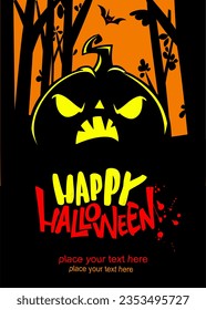 Halloween pumpkin head with scary face expression. Vector illustration of jack-o-lantern design with carved emotion isolated on the night background with trees. Party poster or greeting card.