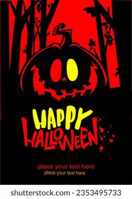 Halloween pumpkin head with scary face expression. Vector illustration of jack-o-lantern design with carved emotion isolated on the night background with trees. Party poster or greeting card.