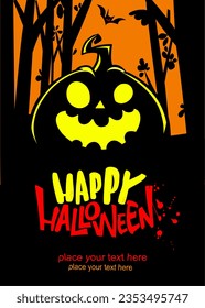 Halloween pumpkin head with scary face expression. Vector illustration of jack-o-lantern design with carved emotion isolated on the night background with trees. Party poster or greeting card.