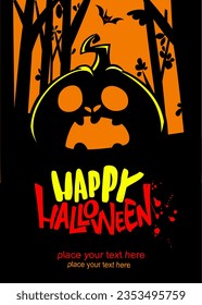 Halloween pumpkin head with scary face expression. Vector illustration of jack-o-lantern design with carved emotion isolated on the night background with trees. Party poster or greeting card.