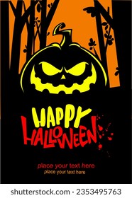 Halloween pumpkin head with scary face expression. Vector illustration of jack-o-lantern design with carved emotion isolated on the night background with trees. Party poster or greeting card.