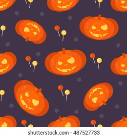 Halloween pumpkin head seamless pattern. Halloween background for shops, wrapper, gift wrap, textile, party banners and wallpaper.