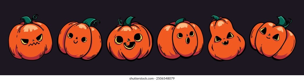 Halloween pumpkin head set. 6 Handdrawn autumn illustration with a funny pumpkin. Doodle pumpkin Trick or treat. Spooky kawaii face Pumpkin. Vector illustration isolated in cartoon style.