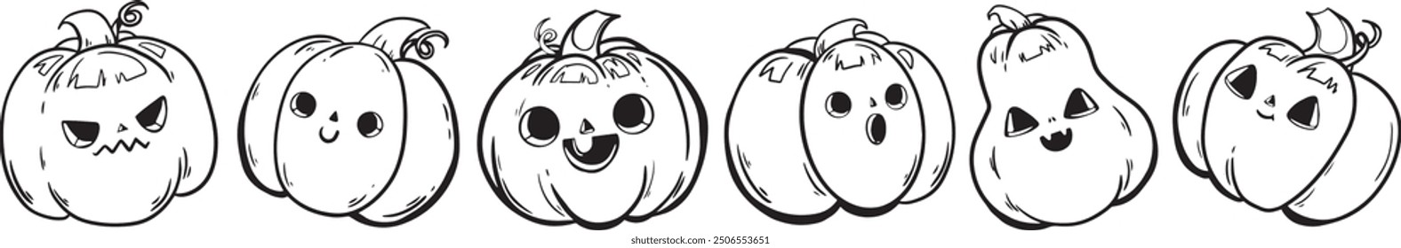 Halloween pumpkin head set. 6 Handdrawn autumn illustration with a funny pumpkin. Doodle pumpkin Trick or treat. Spooky kawaii face Pumpkin. Vector illustration isolated in cartoon style. Outline icon
