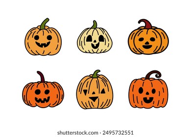 Halloween Pumpkin head set. Cute and scary pumpkin monster set. Autumn Holidays doodle jack's lantern isolated on white background. Vector