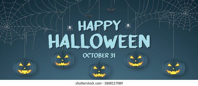 Halloween pumpkin head, spiders and bats hanging, spider web banner, cobweb background with text