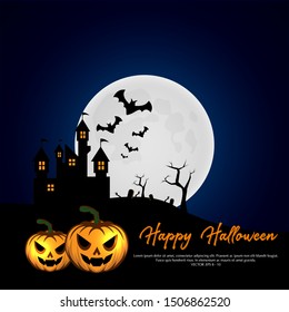 halloween pumpkin head wallpaper with a background of old castles and full moons, bats and dry trees makes the atmosphere scary and scary

