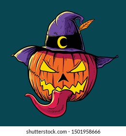 Halloween pumpkin head wearing witch hat vector illustration