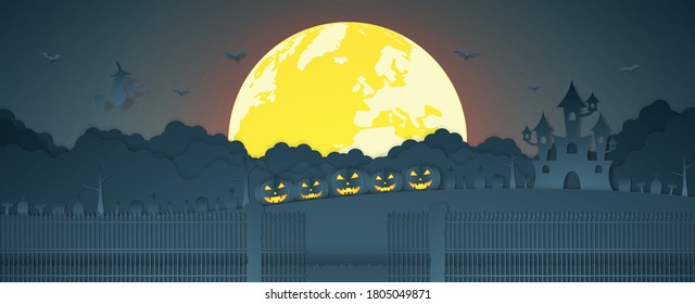 Halloween pumpkin head, witch flying above cloud with castle, graveyard on the hill and full moon, fence, paper art style