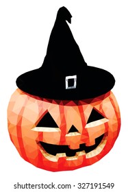 A halloween pumpkin head with a witch hat isolated against white, low poly vector illustration.