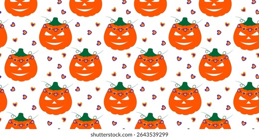 Calabaza de Halloween con corazones Decoraciones de forma Patrón sin fisuras Colorido Halloween Fondo idea
