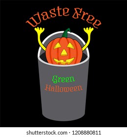 Halloween pumpkin holding waste free sign popped up from trash bin. Green Halloween concept. Vector illustration.
