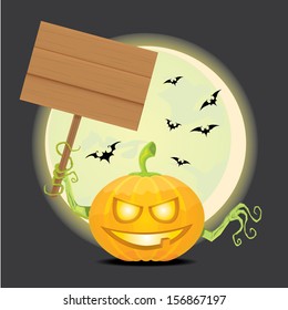 Halloween Pumpkin holding wood blank sign for text on dark moon background. Scary Jack. Vector illustration