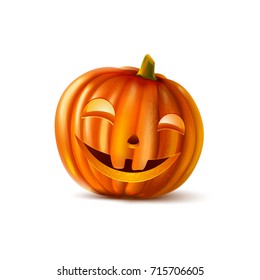 Halloween pumpkin hollow inside with two teeth and impudent face isolated cartoon flat vector illustration on white background. Edible traditional holiday symbol.