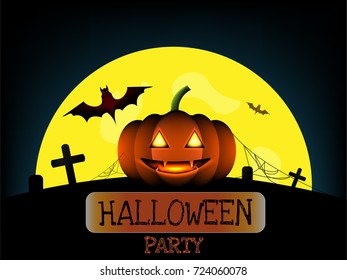 Halloween pumpkin and horror red bat on cemetery in a full moon background. Halloween day concept. Vector illustration design. 
