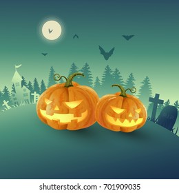 Halloween pumpkin house bat full moon silhouette.vector illustration.
