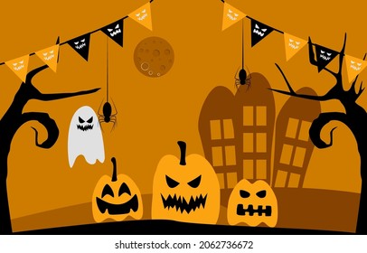 Halloween with pumpkin, house, cemetery.