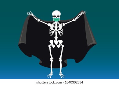 Halloween pumpkin, human skeleton with mask and cape banner. Vector design illustration, covid-19 concept