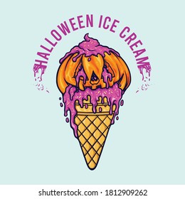 Halloween Pumpkin Ice Cream Cone vector illustrations for merchandise, clothing line sticker and publication party
