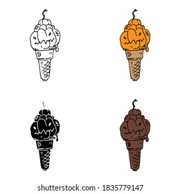 Halloween pumpkin ice cream sketch style in four options. Lines filled, colored and mono color