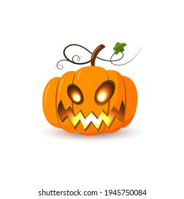 Halloween pumpkin icon 3D. Autumn symbol. Flat design. Halloween scary pumpkin face, smile, candle light, leaf. Orange squash silhouette isolated white background. Cartoon colorful. Vector llustration