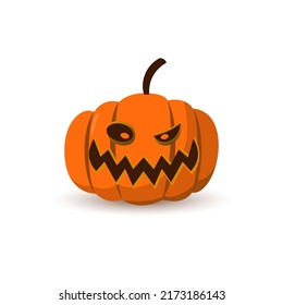 Halloween pumpkin icon 3D. Autumn symbol. Cartoon horror design. Halloween scary pumpkin face, smile. Orange squash silhouette isolated white background. Harvest celebration. Vector llustration