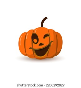 Halloween pumpkin icon 3D. Autumn symbol. Cartoon horror design. Halloween scary pumpkin face, smile. Orange squash silhouette isolated white background. Harvest celebration. Vector llustration