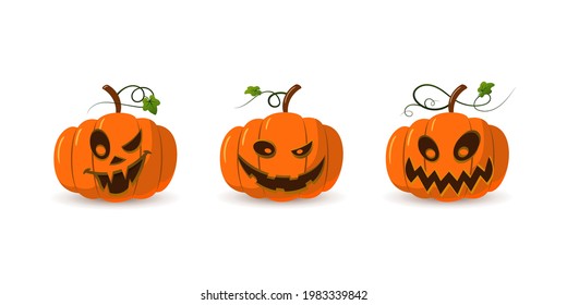 Halloween pumpkin icon 3D set. Autumn symbol. Cartoon horror design. Halloween scary pumpkin face, smile. Orange squash silhouette isolated white background. Harvest celebration. Vector llustration