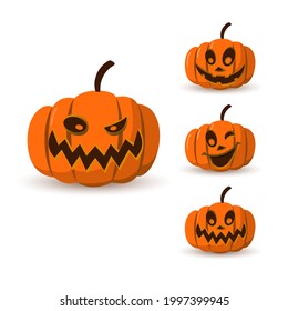 Halloween pumpkin icon 3D set. Autumn symbol. Cartoon horror design. Halloween scary pumpkin face, smile. Orange squash silhouette isolated white background. Harvest celebration. Vector llustration