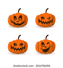 Halloween pumpkin icon 3D set. Autumn symbol. Cartoon horror design. Halloween scary pumpkin face, smile. Orange squash silhouette isolated white background. Harvest celebration. Vector llustration