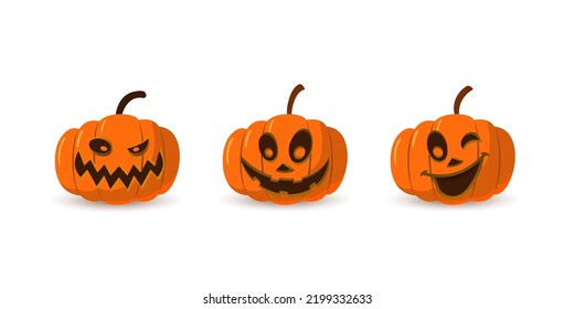 Halloween pumpkin icon 3D set. Autumn symbol. Cartoon horror design. Halloween scary pumpkin face, smile. Orange squash silhouette isolated white background. Harvest celebration. Vector llustration