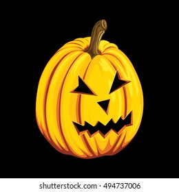 Halloween pumpkin icon in cartoon style. Jack o lantern isolated on a black background. It can be used for design greeting card, party invitation, banners, print T shirt, logo. Vector illustration