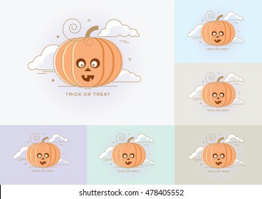 Halloween pumpkin icon with cute, funny face expression and golden outline isolated on different soft colored backgrounds