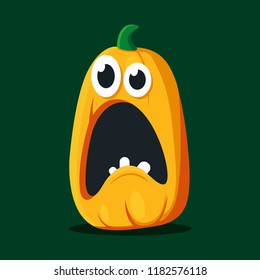 Halloween pumpkin icon, with frightened face. Vector illustration in a cartoon style, isolated on green background. Elements for your Halloween. Vector illustration in flat design.