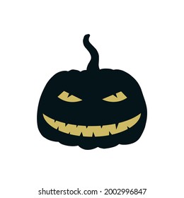 Halloween pumpkin icon isolated on white background. Contour vector illustration with yellow eyes and mouth. Silhouette of a pumpkin.