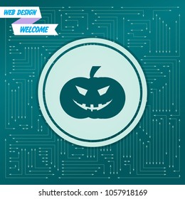 halloween pumpkin icon on a green background, with arrows in different directions. It appears on the electronic board. Vector illustration