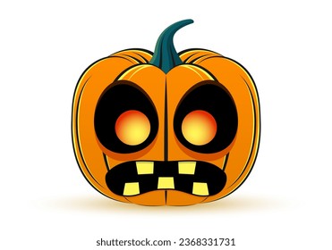 Halloween pumpkin icon with scary face. Cute cartoon pumpkin with horror smile. Holiday banner, celebration card design element. Vector illustration.