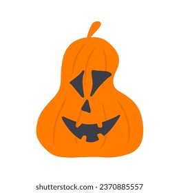 Halloween pumpkin icon. Halloween scary pumpkin with smile, happy face. Orange squash silhouette isolated on white background. Cartoon colorful illustration. Vector. Autumn symbol. Flat design. 