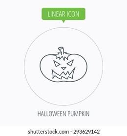Halloween pumpkin icon. Scary smile sign. Linear outline circle button. Vector