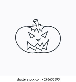 Halloween pumpkin icon. Scary smile sign. Linear outline icon on white background. Vector