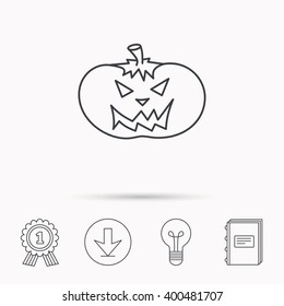 Halloween pumpkin icon. Scary smile sign. Download arrow, lamp, learn book and award medal icons.