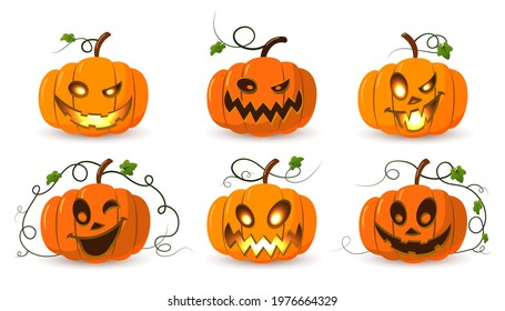 Halloween pumpkin icon set. Autumn symbol. 3D design. Halloween scary pumpkin face, smile, candle light, leaf. Orange squash silhouette isolated white background. Cartoon colorful. Vector llustration