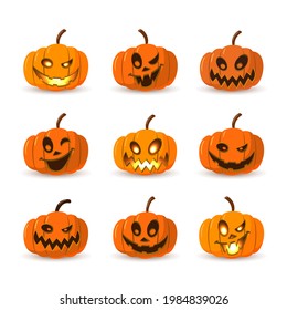 Halloween pumpkin icon set. Autumn symbol. 3D design. Halloween scary pumpkin face smile, candle light, branch. Orange squash silhouette isolated white background. Cartoon colorful. Vector llustration