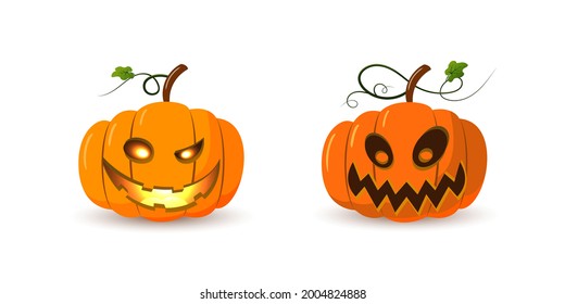 Halloween pumpkin icon set. Autumn symbol. 3D design. Halloween scary pumpkin face, smile, candle light, leaf. Orange squash silhouette isolated white background. Cartoon colorful. Vector llustration