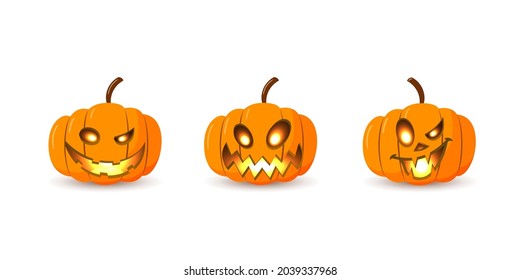 Halloween pumpkin icon set. Autumn symbol. 3D design. Halloween scary pumpkin face smile, candle light, branch. Orange squash silhouette isolated white background. Cartoon colorful. Vector llustration