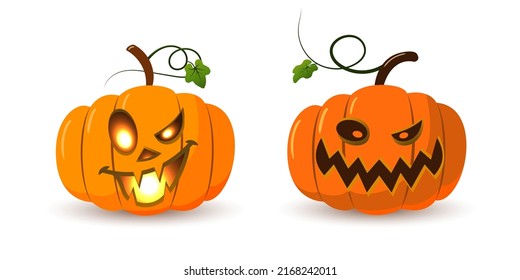 Halloween pumpkin icon set. Autumn symbol. 3D design. Halloween scary pumpkin face, smile, candle light, leaf. Orange squash silhouette isolated white background. Cartoon colorful. Vector llustration