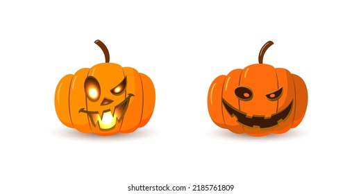 Halloween pumpkin icon set. Autumn symbol. 3D design. Halloween scary pumpkin face smile, candle light, branch. Orange squash silhouette isolated white background. Cartoon colorful. Vector llustration