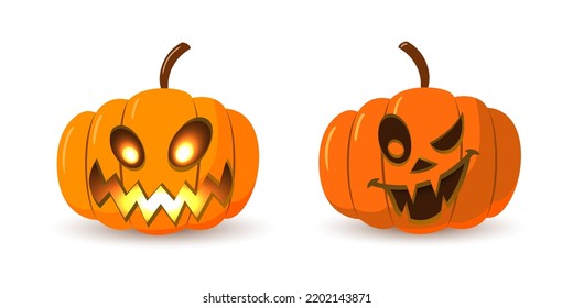 Halloween pumpkin icon set. Autumn symbol. 3D design. Halloween scary pumpkin face smile, candle light, branch. Orange squash silhouette isolated white background. Cartoon colorful. Vector llustration