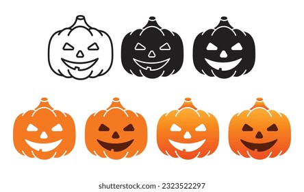 Halloween pumpkin icon set in black and orange colors. Simple pumpkin vector line drawing in filled and outlined style.